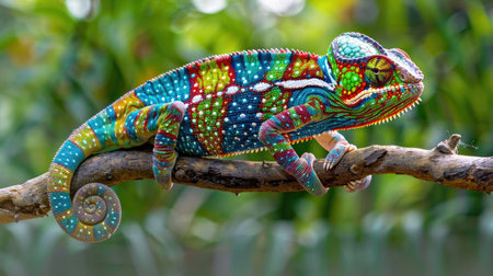 Multicolored chameleon on branch with dazzling skin patterns, nature palette in motionの素材