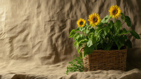 Fresh-picked sunflowers in a natural woven basket over textured clothの素材