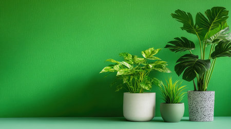 A soft green background complementing three unique potted houseplantsの素材