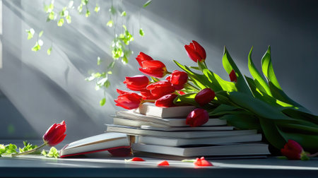 A pile of blank books giving birth to red tulips, symbolizing creativity and spring growthの素材