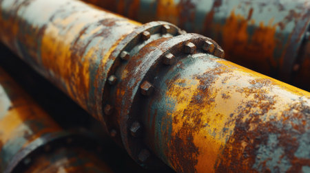 A close-up of rusty industrial pipes, showing detailed texture and wear, set in an old factory environment, representing decay and the passage of time.の素材