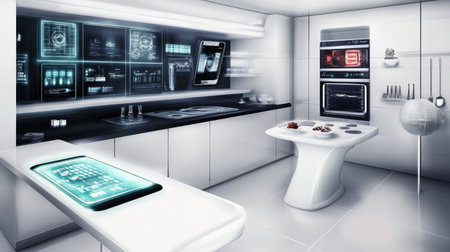 A futuristic kitchen featuring advanced smart appliances, a digital interface, and a warm dining space, creating a seamless blend of technology and comfort.の素材