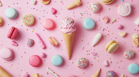 A colorful assortment of ice cream cones with scoops, sprinkles, and macarons, arranged against a soft pink background, perfect for summer and dessert photography.の素材