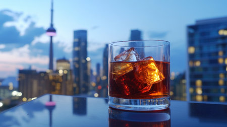 A glass of whiskey with ice sits on a rooftop bar, the city skyline blurred in the background, evoking the vibrant nightlife and urban scene of a dynamic city.の素材