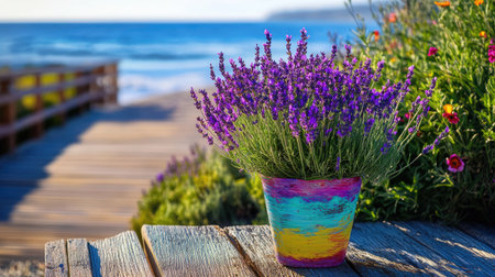 Bright purple lavender in a colorful pot by a coastal boardwalkの素材