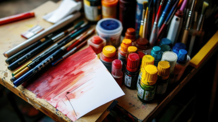 A crafting table filled with colorful art supplies, including markers, pencils, and paint, with creative sketches in progress, perfect for artistic themes.の素材