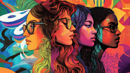 A colorful illustration of diverse individuals surrounded by abstract designs, showcasing modern art and the creativity of blending people with vibrant, artistic concepts.の素材