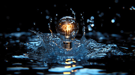A water splash forms around a glowing light bulb, emphasizing the connection between ideas and fluidity, symbolizing creativity and innovation.の素材