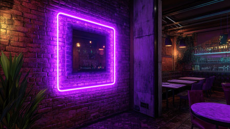 A glowing purple neon frame set against a vintage brick wall, blending modern lighting with urban design for a stylish, artistic look.の素材