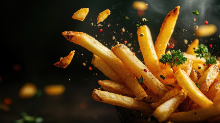 A dynamic shot of crispy French fries with flying herbs and spices, captured mid-air, ready to be enjoyed, creating a fun and mouth-watering visual.の素材