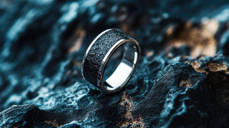 An elegant black and silver ring on a textured surface, highlighting the sleek modern design and meticulous craftsmanship for a luxury fashion lookの素材