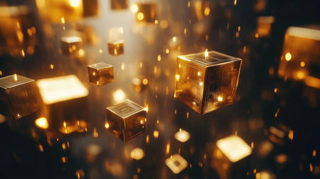 Floating golden cubes in a virtual environment, forming an abstract pattern with a luxurious, futuristic feel, ideal for digital design and tech concepts.の素材