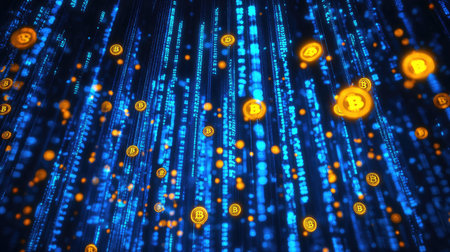 A digital stream of neon blue binary numbers with golden bitcoin coins falling through it, symbolizing the intersection of cryptocurrency and tech innovation.の素材