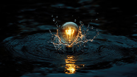 A water splash forms around a glowing light bulb, emphasizing the connection between ideas and fluidity, symbolizing creativity and innovation.の素材