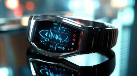 A sleek futuristic smartwatch with a holographic display showing health metrics, resting on a reflective surface, embodying advanced wearable technology.の素材