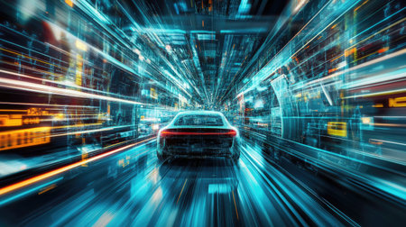 A futuristic smart car moves along the production line in a modern automotive factory, surrounded by digital overlays and high-tech elements, symbolizing advanced engineering.の素材