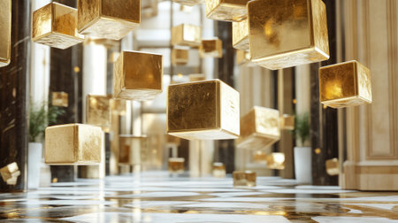 Floating golden cubes in an opulent environment, exuding luxury, wealth, and sophistication in a lavish, high-tech setting.の素材
