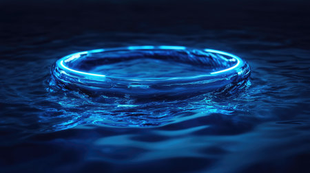 A futuristic high-tech liquid ring forming a ripple effect on deep blue water, showcasing glowing edges and a dynamic, tech-inspired design.の素材