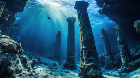 Mystical underwater ruins with weathered stone pillars, illuminated by soft blue light, surrounded by vibrant marine life, creating a sense of timeless mystery.の素材