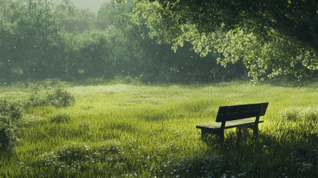 A serene field of grass with a lone bench, offering a peaceful place for reflection and solitude in a calm, natural environment.の素材