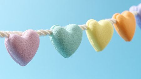 Various colored sweet hearts on a white rope, with a pastel backdrop, creating a cute and whimsical visual for love, celebrations, or festivities.の素材