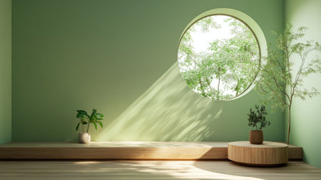 A serene green room with a round window and a wooden podium, creating a harmonious and natural setting ideal for peaceful presentations or events.の素材