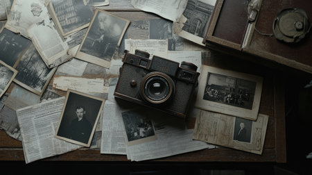 A vintage camera resting on a rustic table surrounded by old photographs and papers, evoking nostalgia and the passage of time in a timeless setting.の素材