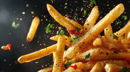 French fries with herbs and spices floating in mid-air, captured in an energetic moment, perfect for food photography and culinary themes.の素材