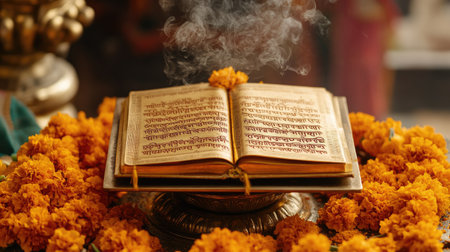 The Bhagavad Gita displayed on a brass stand, surrounded by marigold garlands and incense, showcasing a sacred and spiritual ambiance with visible Sanskrit verses.の素材