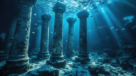 Mystical underwater ruins with weathered stone pillars, illuminated by soft blue light, surrounded by vibrant marine life, creating a sense of timeless mystery.の素材