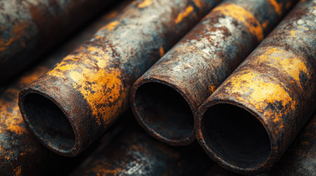 Detailed close-up of weathered and rusty industrial pipes, capturing the decay and aging process in a vintage factory setting with rich textures.の素材