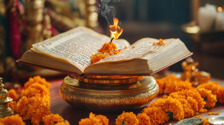 The Bhagavad Gita on a brass stand, with marigold garlands and incense creating a serene spiritual setting, perfect for religious and cultural themes.の素材