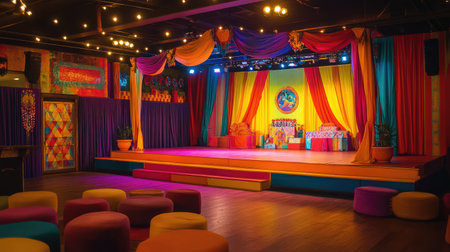 A lively stage decorated with bright, vibrant colors and artistic designs, ready for a performance, showcasing an energetic, creative atmosphere.の素材