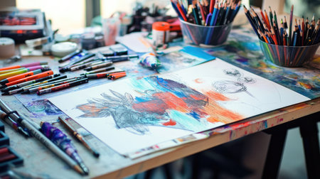 A crafting table filled with colorful art supplies, including markers, pencils, and paint, with creative sketches in progress, perfect for artistic themes.の素材