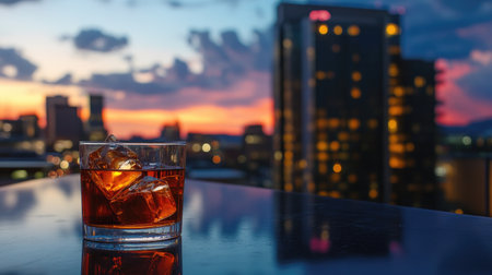 A glass of whiskey with ice sits on a rooftop bar, the city skyline blurred in the background, evoking the vibrant nightlife and urban scene of a dynamic city.の素材