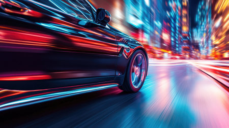 A high-tech car zooming down a neon-lit urban street at night, embodying advanced automotive design and futuristic technology in motion.の素材