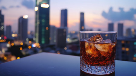 A chilled glass of whiskey on ice placed on a rooftop bar, with a blurred city skyline in the background, capturing the essence of vibrant nightlife.の素材