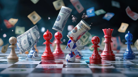 Chessboard scene with dollar and yuan pieces battling for economic dominanceの素材