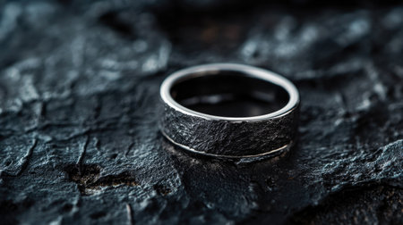 A close-up of a black and silver ring on a dark, textured surface, emphasizing its sophisticated design and perfect craftsmanship, ideal for high-end jewelry collections.の素材