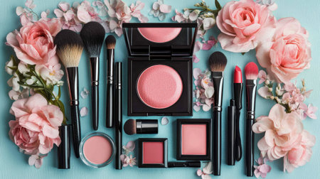 A chic makeup set with brushes, lipsticks, and blush, arranged with soft pink flowers on a pastel blue background, perfect for beauty and cosmetic themes.の素材