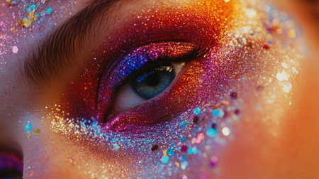 A close-up of a woman face covered in artistic, colorful glitter makeup, showcasing bold eye and lip makeup in a dramatic fashion, perfect for high-fashion and beauty concepts.の素材