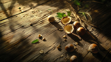 A handful of chestnuts and open husks on a textured brown wood table, soft focus and natural lightingの素材