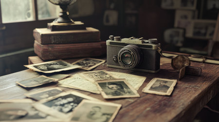 A close-up of a vintage camera on a wooden table, surrounded by antique photographs and papers, capturing the essence of nostalgia and history.の素材