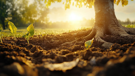 Autumn soil structure highlighted in closeup view of plowed farmland under golden morning lightの素材