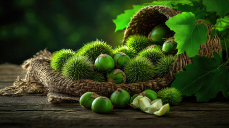 Close-up of freshly harvested chestnuts and green spiny shells, soft light, warm rustic brown table backdropの素材