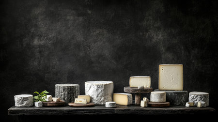 Array of specialty cheeses with textured rinds on a dark wooden table, inviting rustic gourmet moodの素材