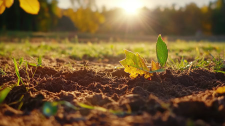 Autumn morning closeup of freshly plowed earth with rich brown tones and soft light, showcasing seasonal farming beautyの素材