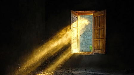 Beam of golden light piercing through dusty old window, casting warm glow into dark roomの素材