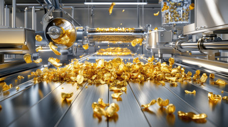 Advanced food processing line with golden potato chips on metallic belts, clean settingの素材