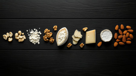 Cheese selection with walnuts and almonds, overhead shot on dark black wooden surface, elegant and rusticの素材